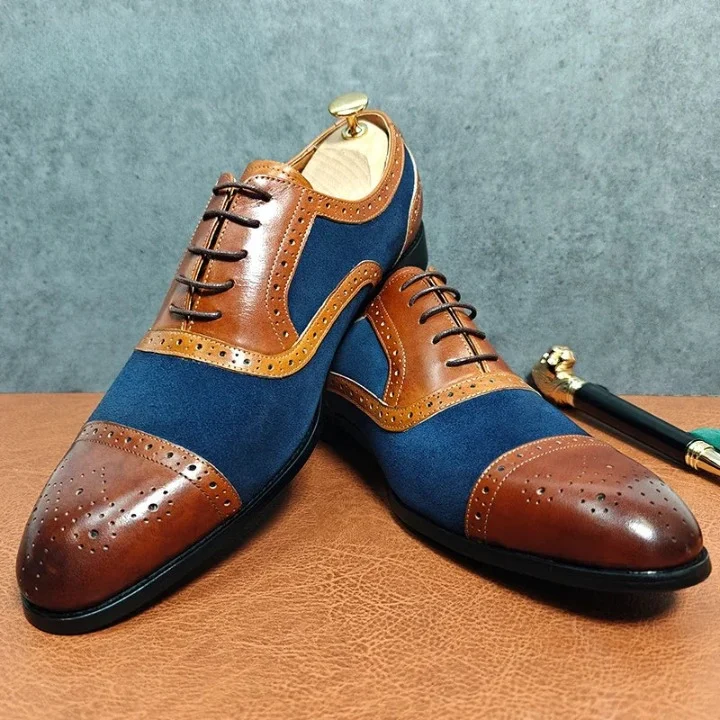 leather shoes with memory foam for office wear-Men's Genuine Leather Lace Up Mixed Color Patchwork Dress Shoes