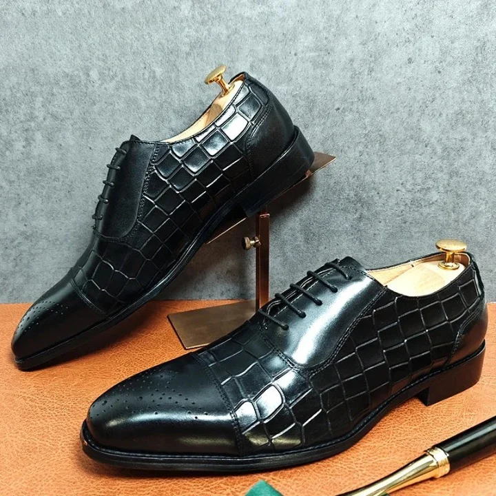 stylish formal shoes for business meetings-Men's Luxury Genuine Leather Crocodile Pattern Lace-up Dress Shoes