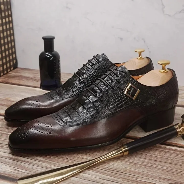 sleek brown oxford shoes for office wear-Men's Classic Crocodile Pattern Lace-up Buckle Strap Pointed Toe Dress Shoes