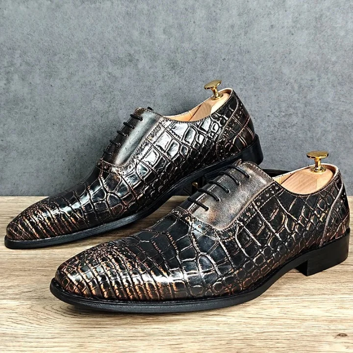 stylish leather oxford shoes for office-Men's Vintage Crocodile Pattern Luxury Wedding Office Dress Shoes