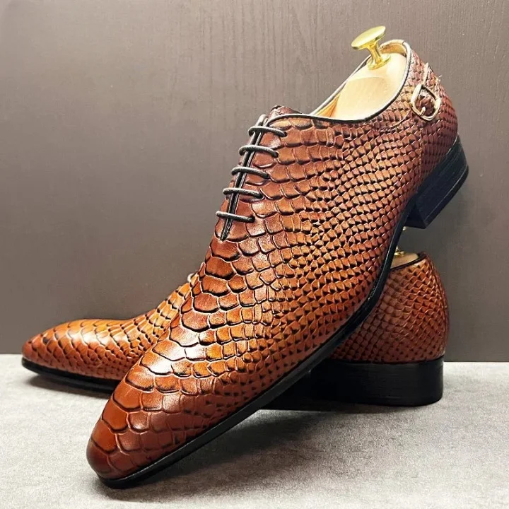 stylish formal shoes for evening wear-Luxury Snake Skin Printed Lace Up Pointed Toe Genuine Leather Dress Shoes for Men