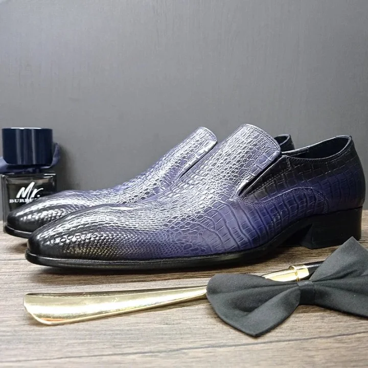 best men’s formal shoes-Luxury Genuine Leather Crocodile Printed Pointed Toe Slip-On Dress Shoes for Men