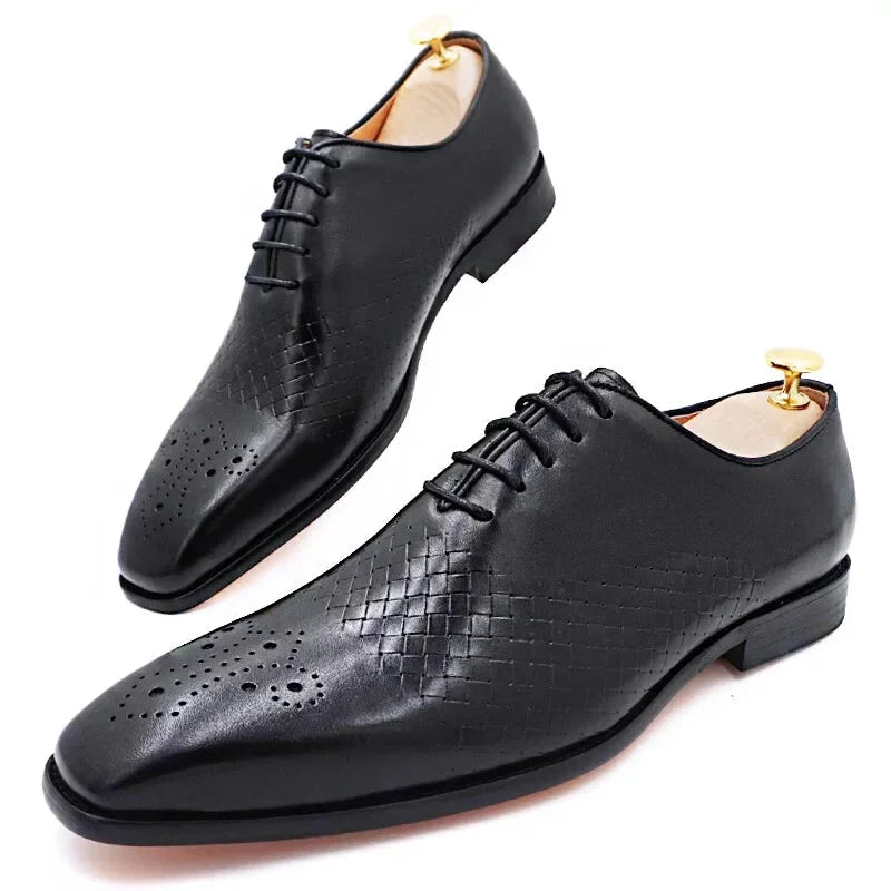 high-quality oxford dress shoes for weddings-Men's Italian Lace Up Cross Weave Genuine Leather Wedding Office Dress Shoes