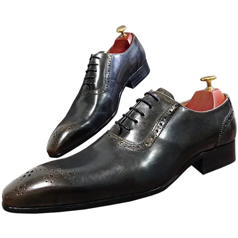 comfortable formal shoes for business casual wear-Men's Luxury Genuine Leather Lace Up Pointed Toe Formal Dress Shoes