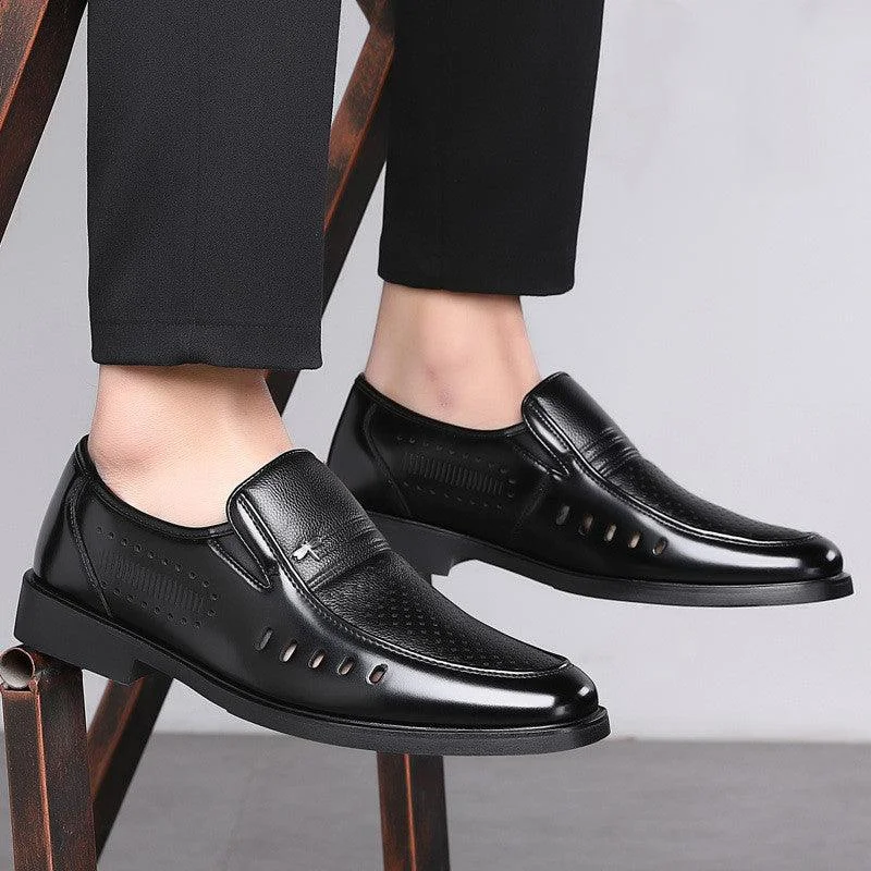 men’s leather shoes with cushioned sole for office-Men's Summer Business Hollow Breathable Leather Shoes