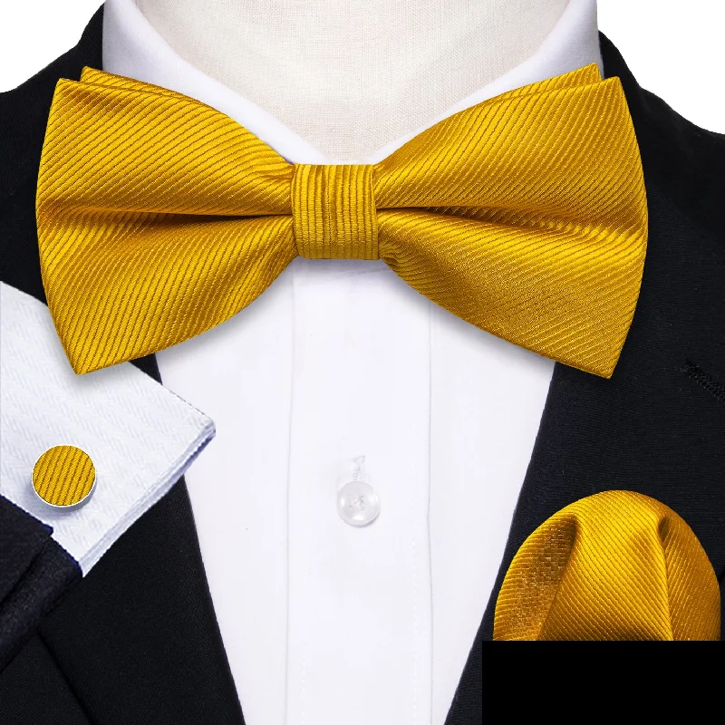 Men's tie with colorful checks for casual wear-Barry Wang Yellow Tie Amber Solid Pre-tied Bow Tie Hanky Cufflinks Set