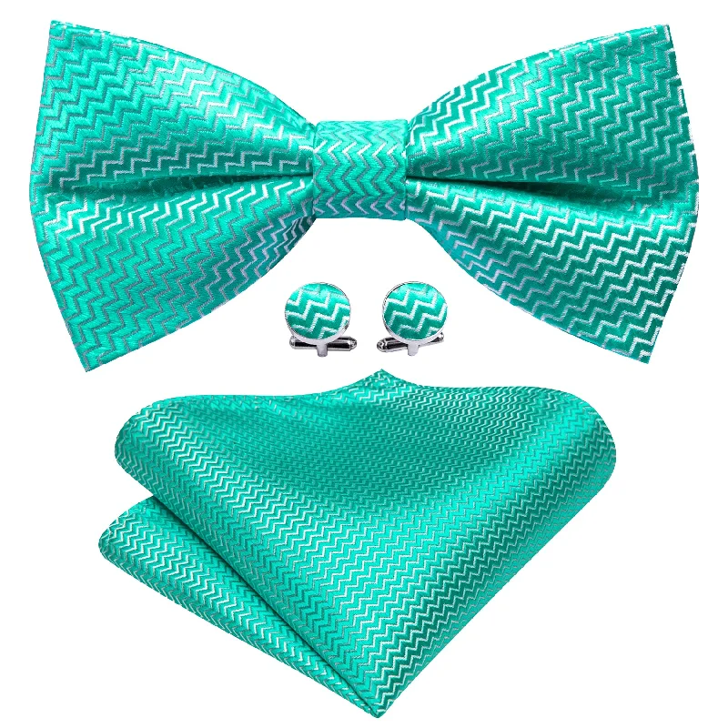 Men's slim tie for business casual look-Aqua Curve Bow Tie Barry Wang Teal Green Necktie Hanky Cufflinks Set