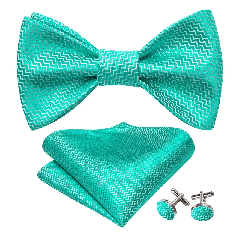 Best men's tie for casual business meetings-Barry Wang Teal Aqua Striped Silk Men's Bow Tie Hanky Cufflinks Set