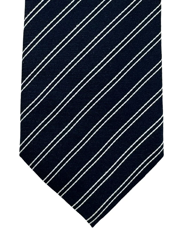 Men's tie with vibrant floral designs for weddings-Armani Silk Tie Dark Navy Silver Stripes