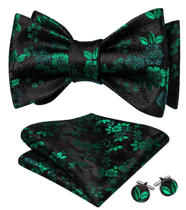 Men's tie with a luxurious velvet texture for special events-Barry Wang Black Bow Tie Green Floral Mens Bow Tie Hanky Cufflinks Set