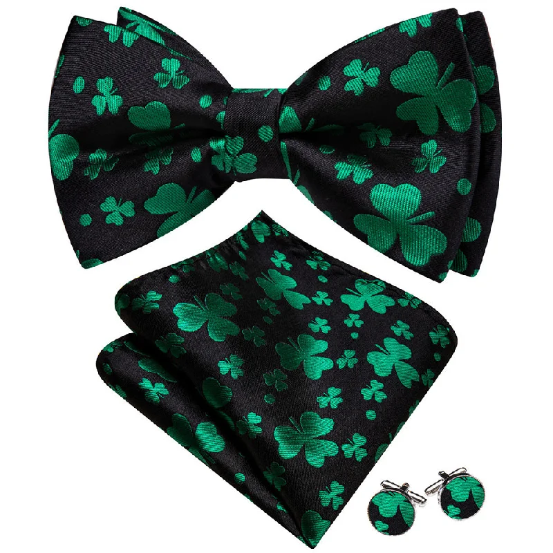 Stylish men's tie with bold geometric designs-Barry Wang Black Green Clover Silk Pre-Tied Men's Bow Tie Hanky Cufflinks Set