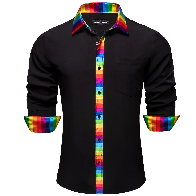 Men's silk tie for holiday parties-Barry Wang Black Silk Shirt Splicing Rainbow Color Collar Cuffs Shirt