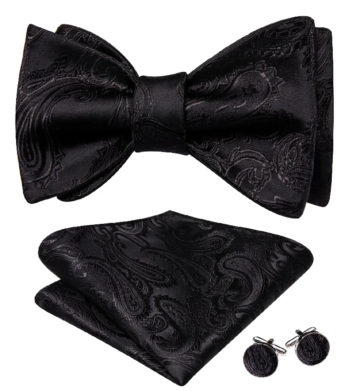 Men's tie with fine finish for upscale functions-Barry Wang Black TIe Mens Paisley Jacquard Bow Tie Hanky Cufflinks Set