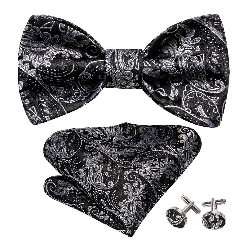 Stylish men's silk tie for evening wear-Barry.wang Black Tie Paisley Grey Men's Silk Bow Tie Hanky Cufflinks Set