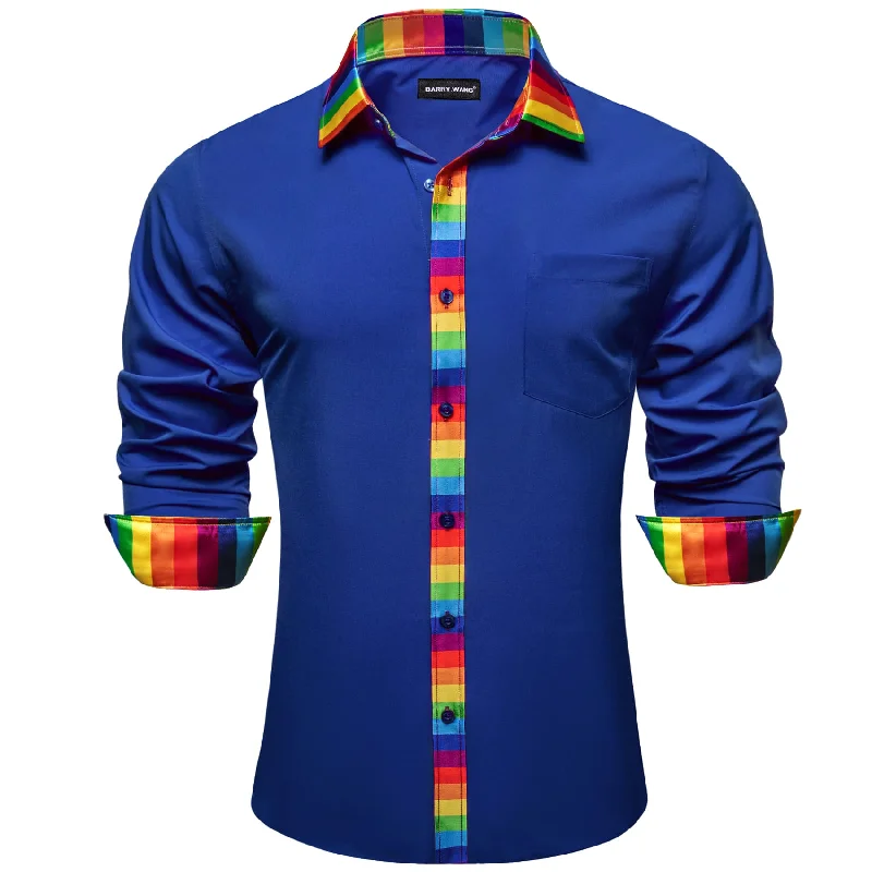 Best necktie for a formal office gathering-Barry Wang Blue Silk Shirt Splicing Rainbow Color Collar Cuff Shirt