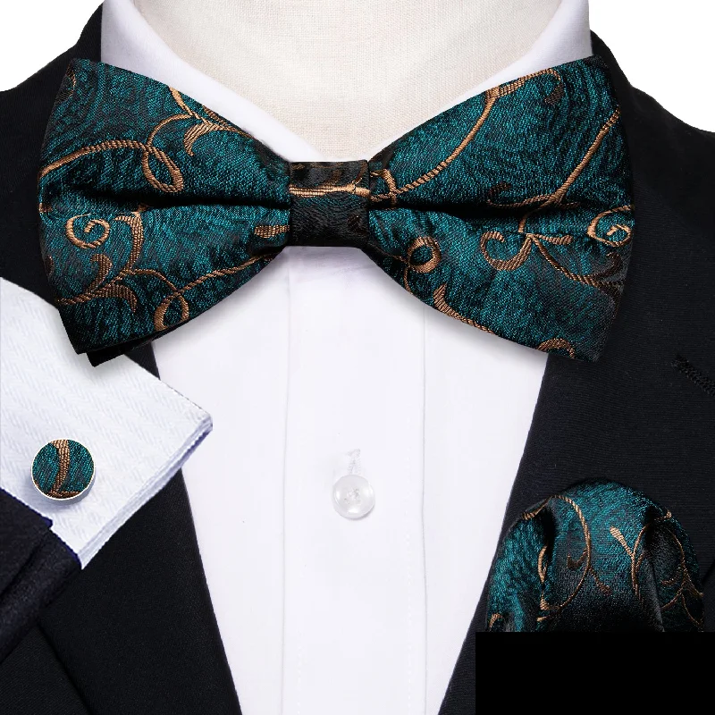 Designer men's tie for sophisticated look-Barry.Wang Blue Tie Cyan Brown Jacquard Floral Men's Pre-tied Bow Tie