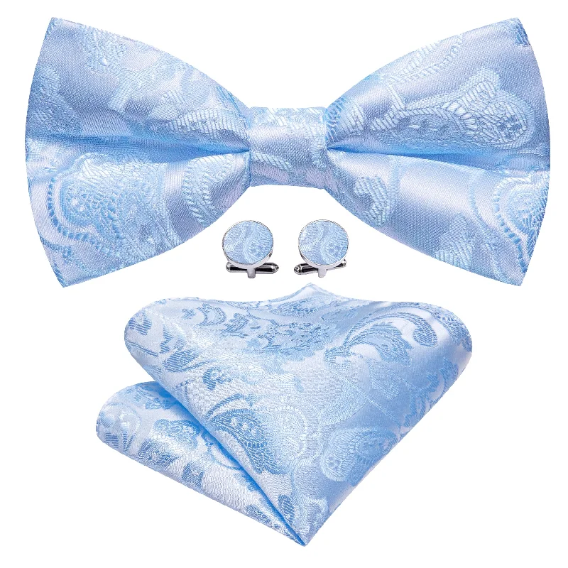 Men's tie with colorful checks for casual wear-Barry.wang Blue Tie Paisley Silk Pre-Tied Bow Tie Hanky Cufflinks Set