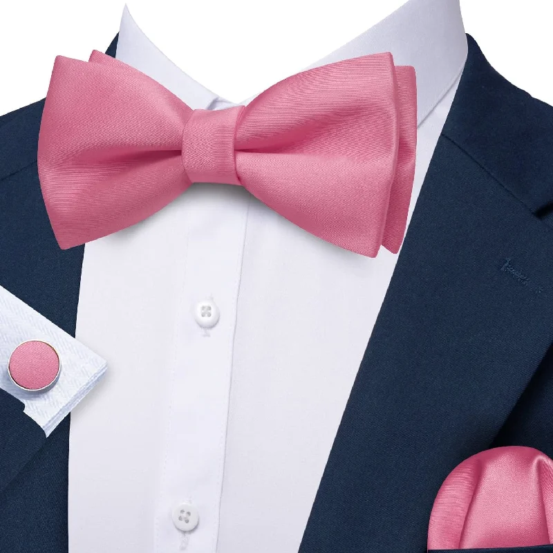 Best silk tie for men's business events-Barry Wang Blush Pink Silk Pre-Tied Men's Bow Tie Hanky Cufflinks Set