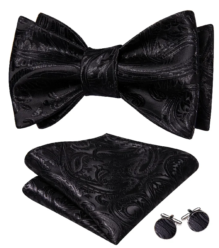 Men's tie for professional business attire-Barry Wang Bow Tie Black Paisley Jacquard Mens Tie Hanky Cufflinks Set