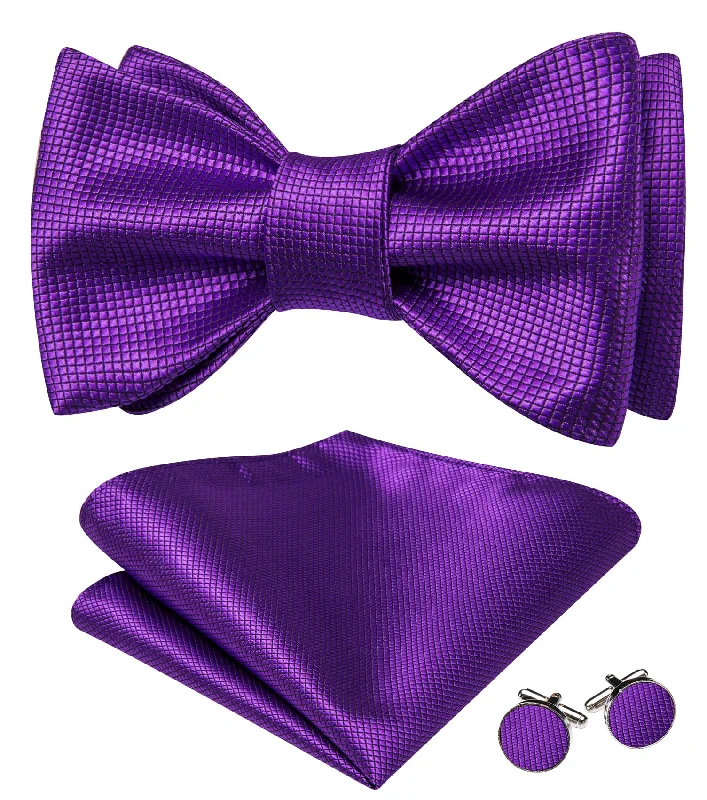 Men's tie with modern fabric for a luxurious feel-Barry Wang Bow Tie Dark Purple Plaid Mens Tie Hanky Cufflinks Set