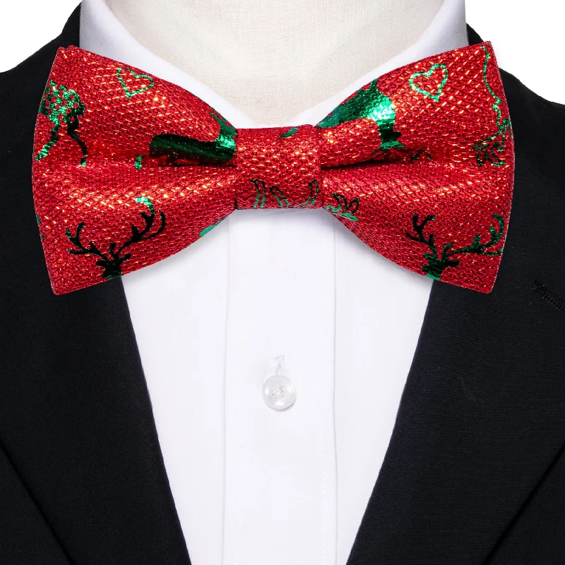 Best tie for men with geometric prints-Barry.wang Christmas Tie Bright Red Green Elk Silk Pre-tied Bow Tie