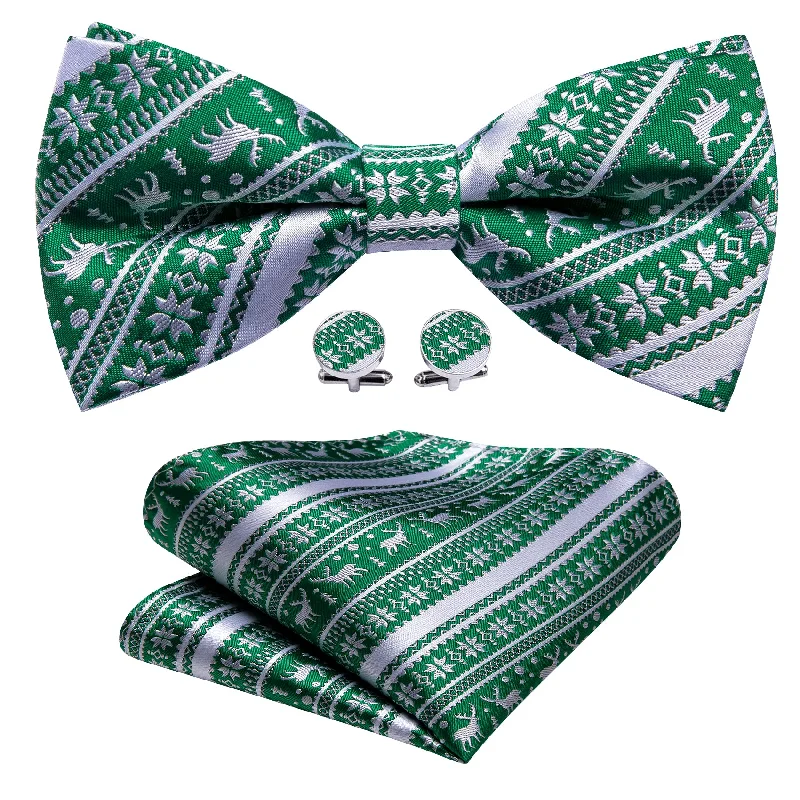 Best tie for luxury weddings with sophisticated patterns-Barry.wang Christmas Tie Green White Xmas Elk Pre Tied Bow Tie Hanky Cufflinks Set