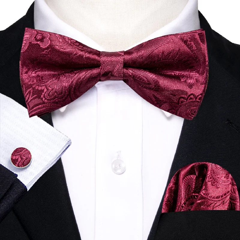 Best men's tie for wedding receptions-Barry.wang Floral Tie Red Wine Paisley Pre-tied Bow Tie Hanky Cufflinks Set