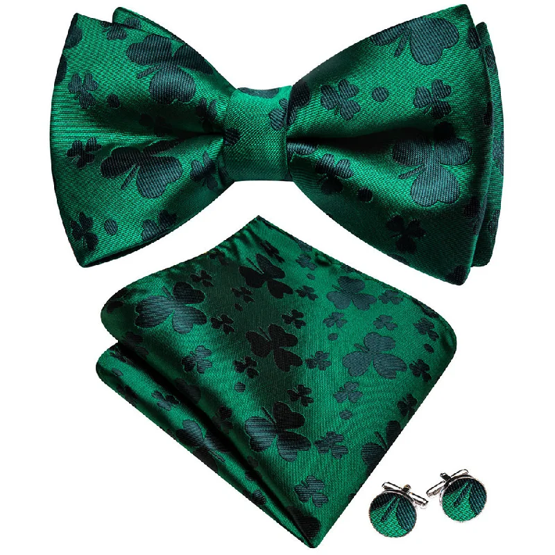 Men's tie with smooth satin finish-Barry Wang Green Clover Silk Pre-Tied Men's Bow Tie Hanky Cufflinks Set