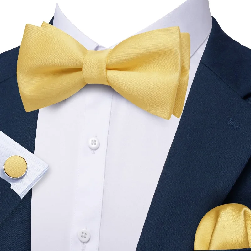 Men's tie with stripes for modern look-Barry Wang Light Yellow Silk Pre-Tied Mens Bow Tie Hanky Cufflinks Set