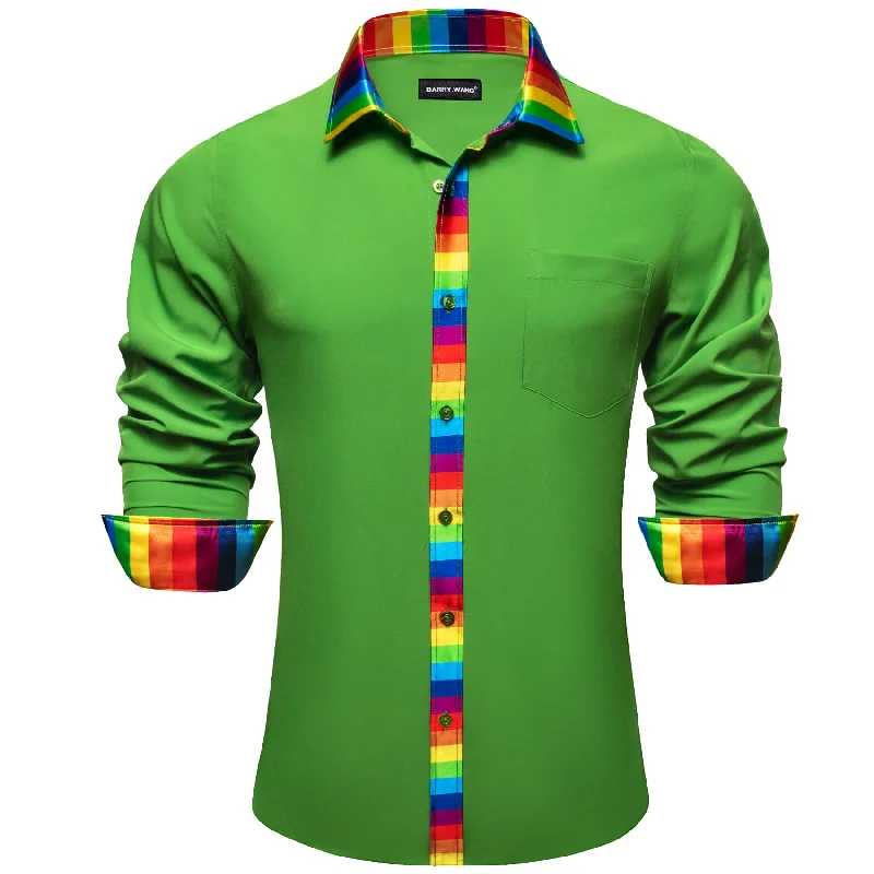 Men's tie for summer business attire-Barry Wang Lime Green Shirt Splicing Rainbow Color Collar Cuffs Shirt