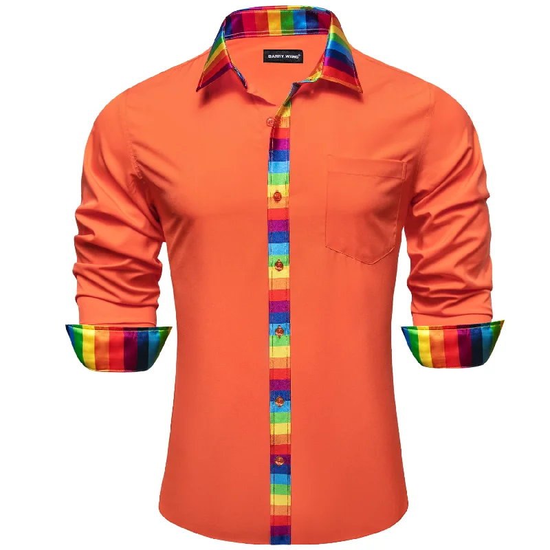 Stylish men's tie with dark shades-Barry Wang Orange Silk Shirt Splicing Rainbow Color Collar Cuff Shirt