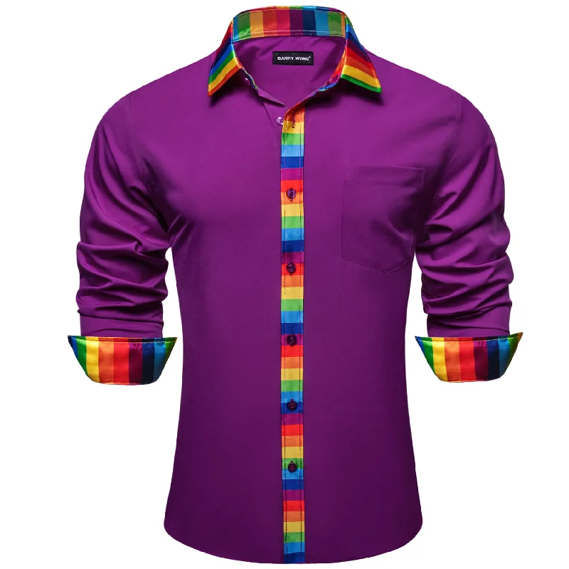 Classic men's tie with a bright pop of color-Barry Wang Purple Silk Shirt Splicing Rainbow Color Collar Cuff Shirt