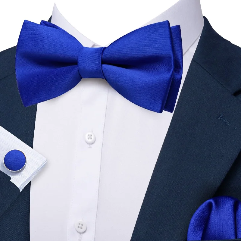 Designer men's tie for premium corporate meetings-Barry Wang Royal Blue Pre-Tied Solid Silk Bow Tie Hanky Cufflinks Set