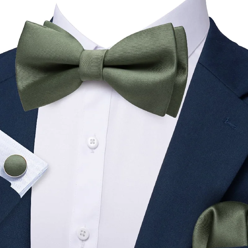 Men's tie with intricate checks for business wear-Barry Wang Sage Green Pre-Tied Solid Silk Bow Tie Hanky Cufflinks Set