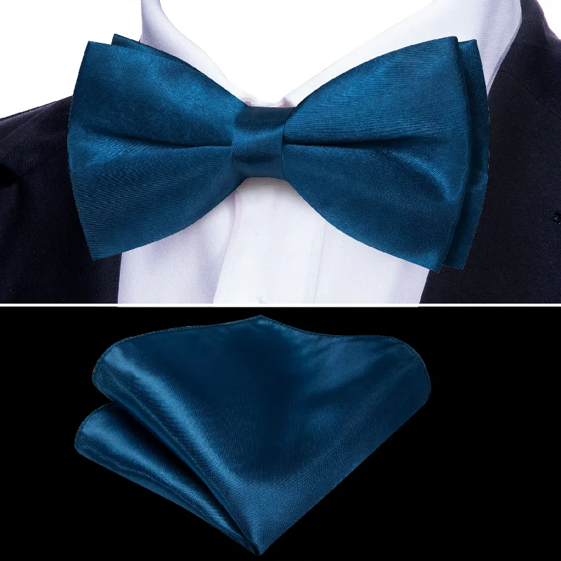 Men's tie with bold polka dots for office wear-Barry Wang Silk Bowtie Dark Cerulean Blue Solid Mens Pre-tied Bow Tie Set