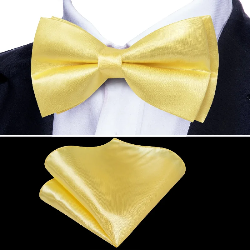 Men's tie for corporate cocktail parties-Barry Wang Silk Bowtie Flavescent Yellow Solid Mens Pre-tied Bow Tie Set