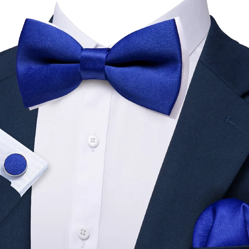 Men's silk tie with smooth texture for casual wear-Barry Wang Silk Pre-Tied Mens Blue Solid Bow Tie Hanky Cufflinks Set