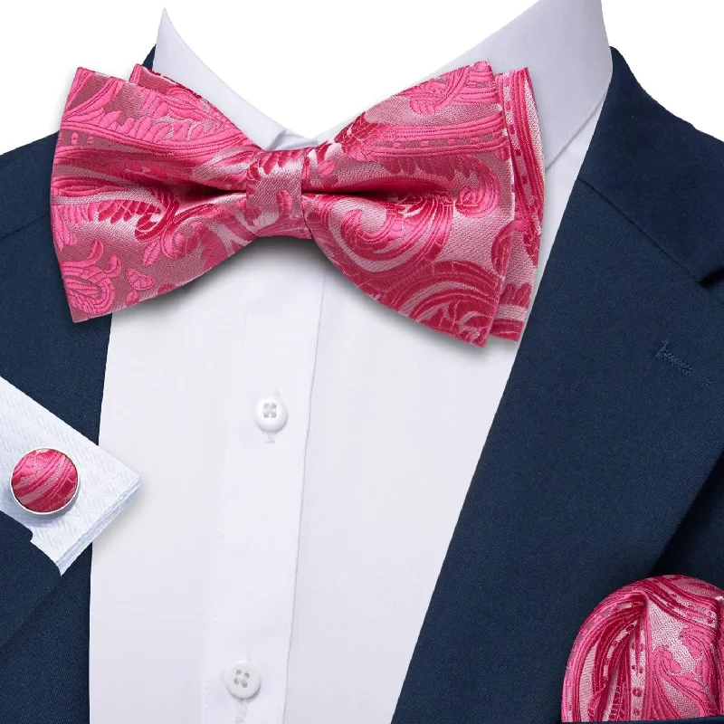 Designer tie with geometric shapes for work-Barry Wang Silk Pre-Tied Mens Pink Paisley Bow Tie Hanky Cufflinks Set