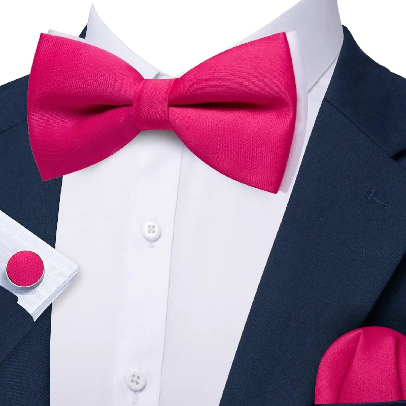 Classic men's tie with a minimalistic design-Barry Wang Silk Pre-Tied Mens Ruby Solid Bow Tie Hanky Cufflinks Set