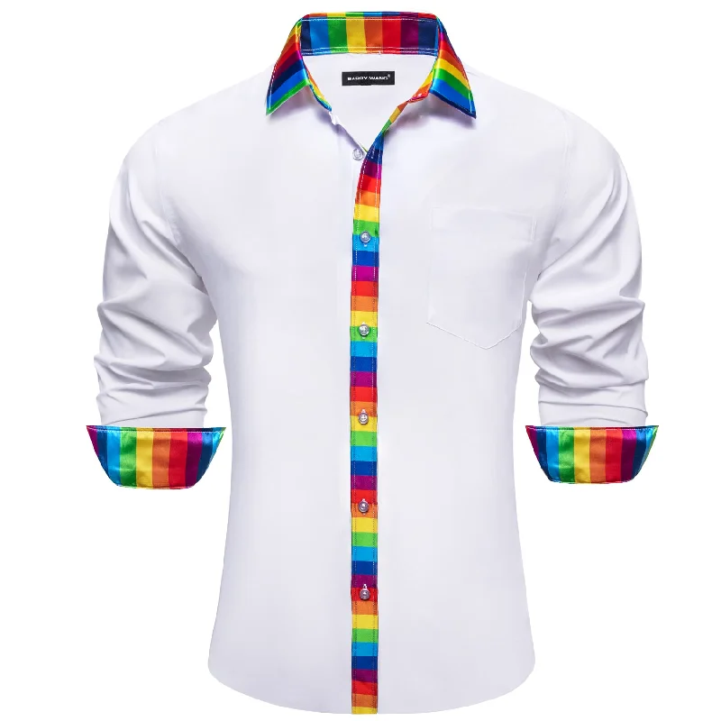 Men's tie for trendy office looks-Barry Wang White Silk Shirt Splicing Rainbow Color Collar Cuff Shirt