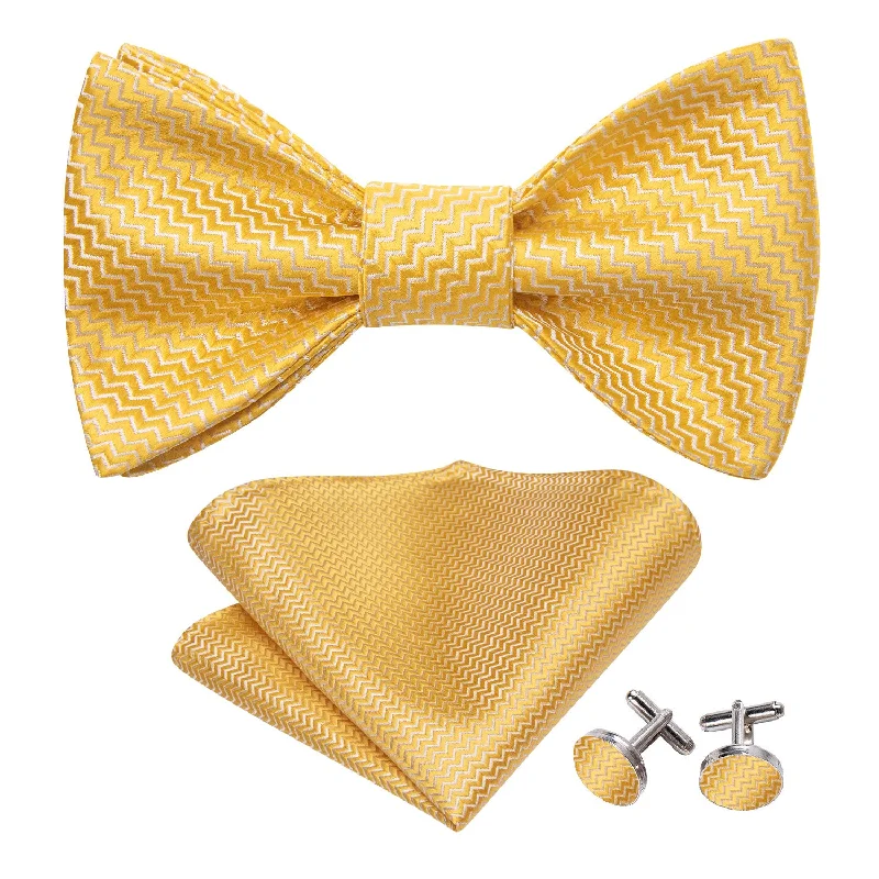 Men's tie for a formal holiday gathering-Barry Wang Yellow Geometric Silk Bow Tie Hanky Cufflinks Set