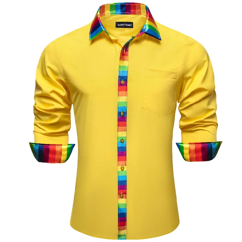 Best tie for wedding season-Barry Wang Yellow Solid Shirt Splicing Rainbow Color Collar Cuff Shirt