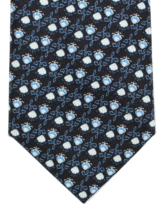 Designer men's tie for office wear-Battistoni Silk Tie Navy Blue Flowers