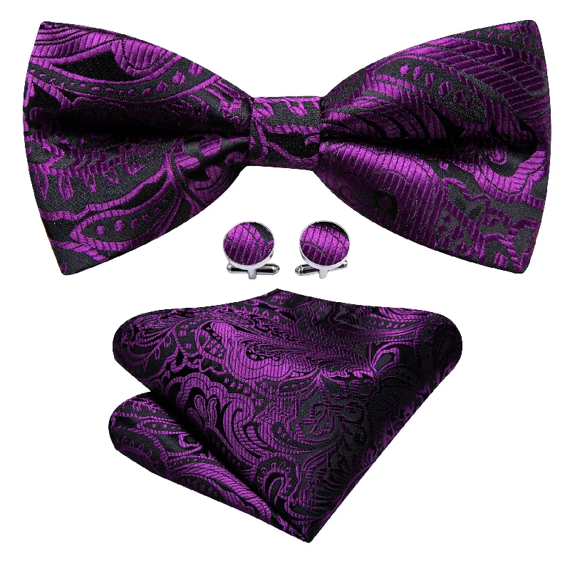 Designer men's tie for sophisticated look-Barry Wang Black Purple Paisley Pre-tied Bow Tie Hanky Cufflinks Set