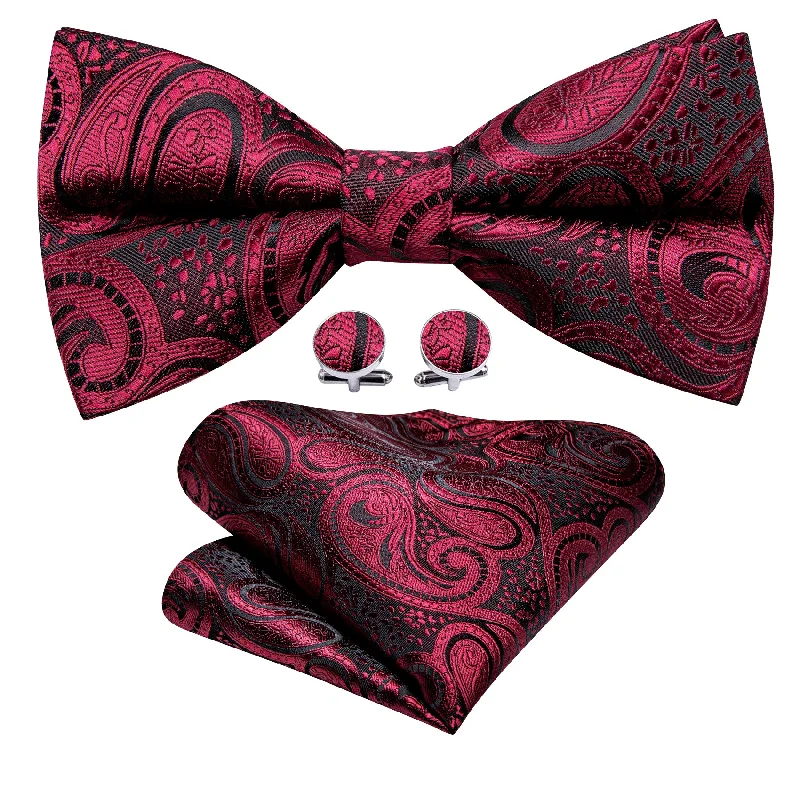 Men's tie with contrasting color blocks-Barry Wang Black Red Paisley Men Pre-tied Bow Tie Hanky Cufflinks Set