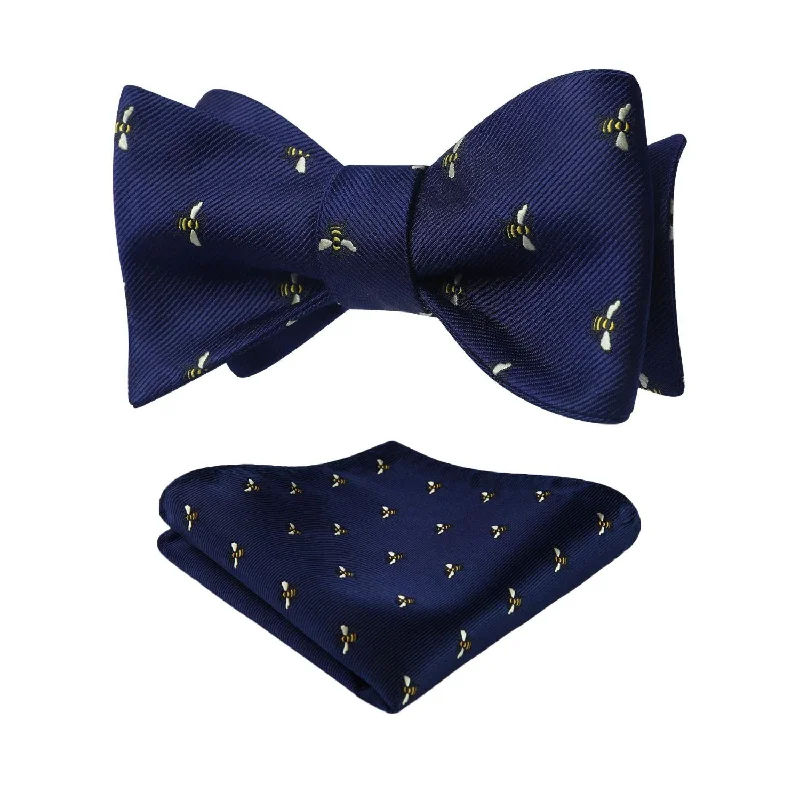 Men's tie for luxury outdoor events-Bee Bow Tie & Pocket Square - NAVY/BLUE