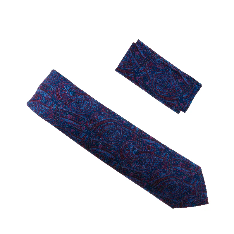 Men's tie with sophisticated design for weddings-Black, Blue & Burgundy Designed Silk Tie with Matching Pocket Square WTHXL-872