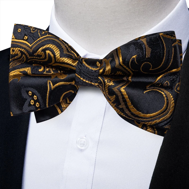 Stylish men's tie for professional look with rich fabric-Black Golden Floral Silk Men's Pre-Bowtie Pocket Square Cufflinks Set