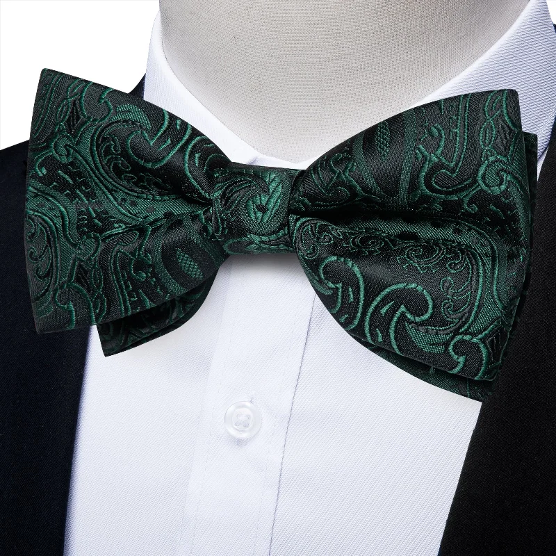 Stylish men's tie with a trendy chevron design-Black Green Floral Silk Men's Pre-Bowtie Pocket Square Cufflinks Set