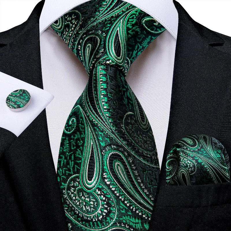 Men's tie with bold herringbone pattern-Black Green Paisley Men's Silk Tie Handkerchief Cufflinks Set